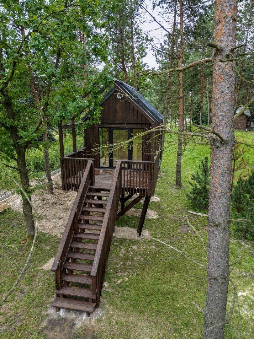 Drewniane schody prowadzące do domku na drzewie Krokiewka